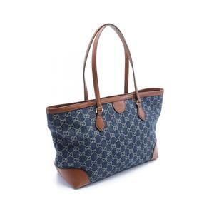 Gucci GG Denim Navy Brown Medium Tote Leather Denim Bag